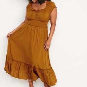 Old Navy Gold Puff-Sleeve Waist-Defined Clip-Dot Midi Dress Sz Large